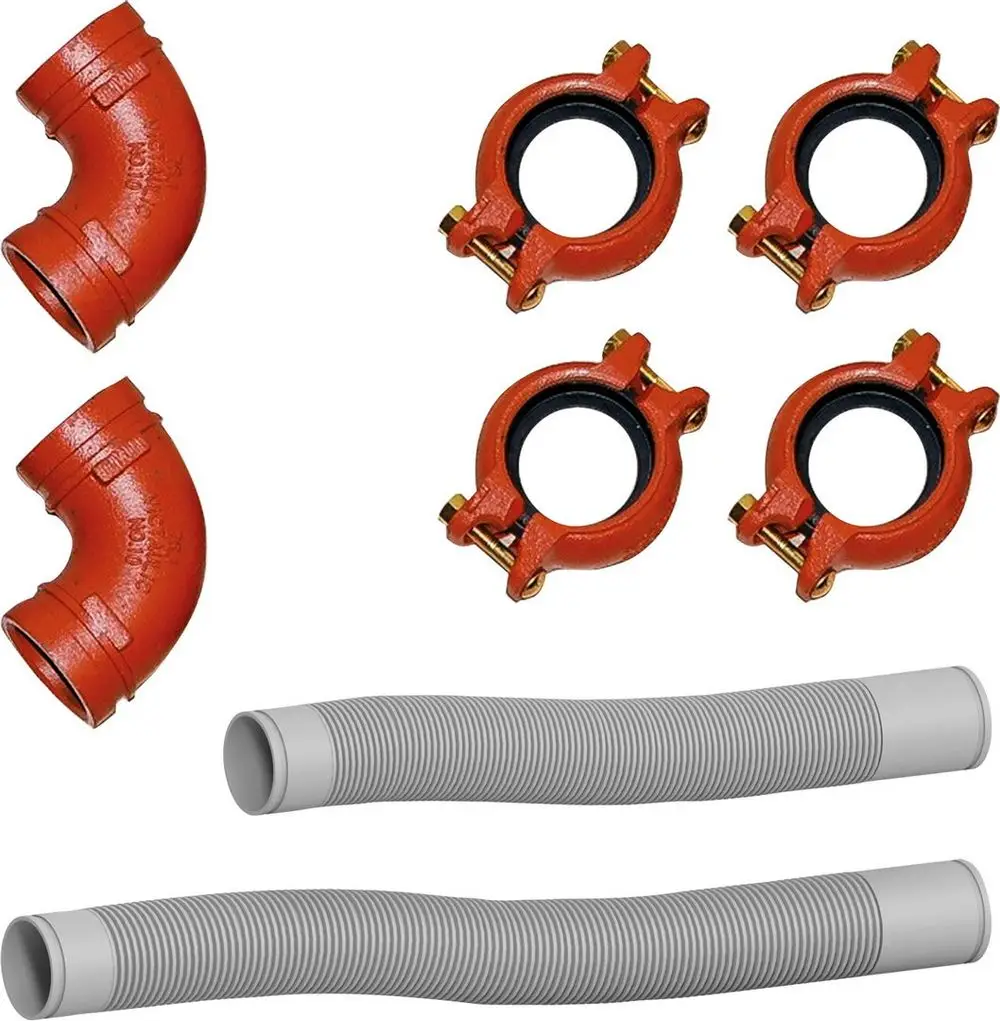 Zwei rot lackierte Rohrwinkel und vier Rohrschellen in rot, begleitet von zwei flexiblen grauen Schläuchen, geeignet für Heizungsanwendungen von Bosch.